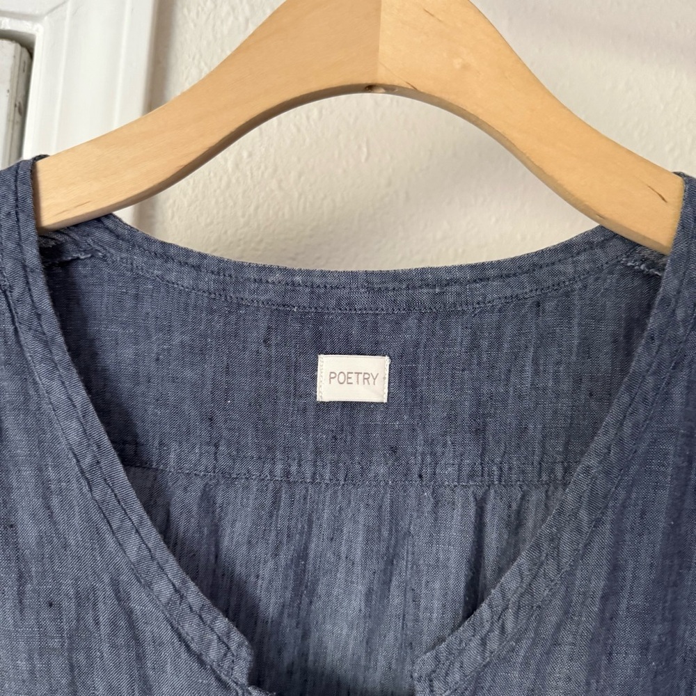 POETRY blue denim linen chambray tie button‎ up cropped tank blouse shirt top - Picture 7 of 8